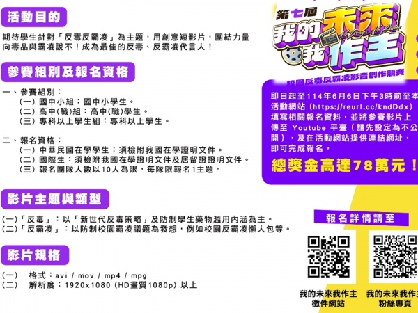 教育部第七屆「我的未來我作主」校園反毒反霸凌影音創作競賽