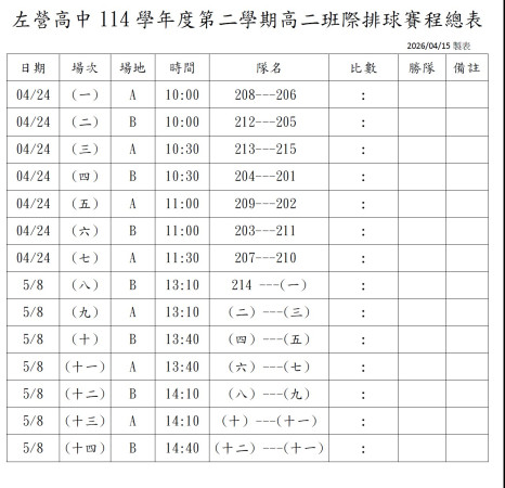 114學年高二班際排球賽賽程表