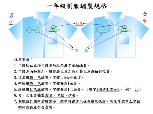 高一新生校服學號繡製注意事項