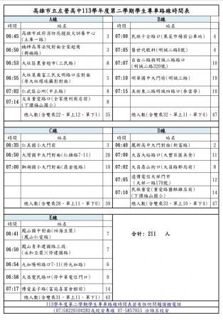 2/10更新 [校車資訊] 113學年第2學期學生交通車座位表/路線時間及搭乘學生名冊(ABCDE計併車5線)